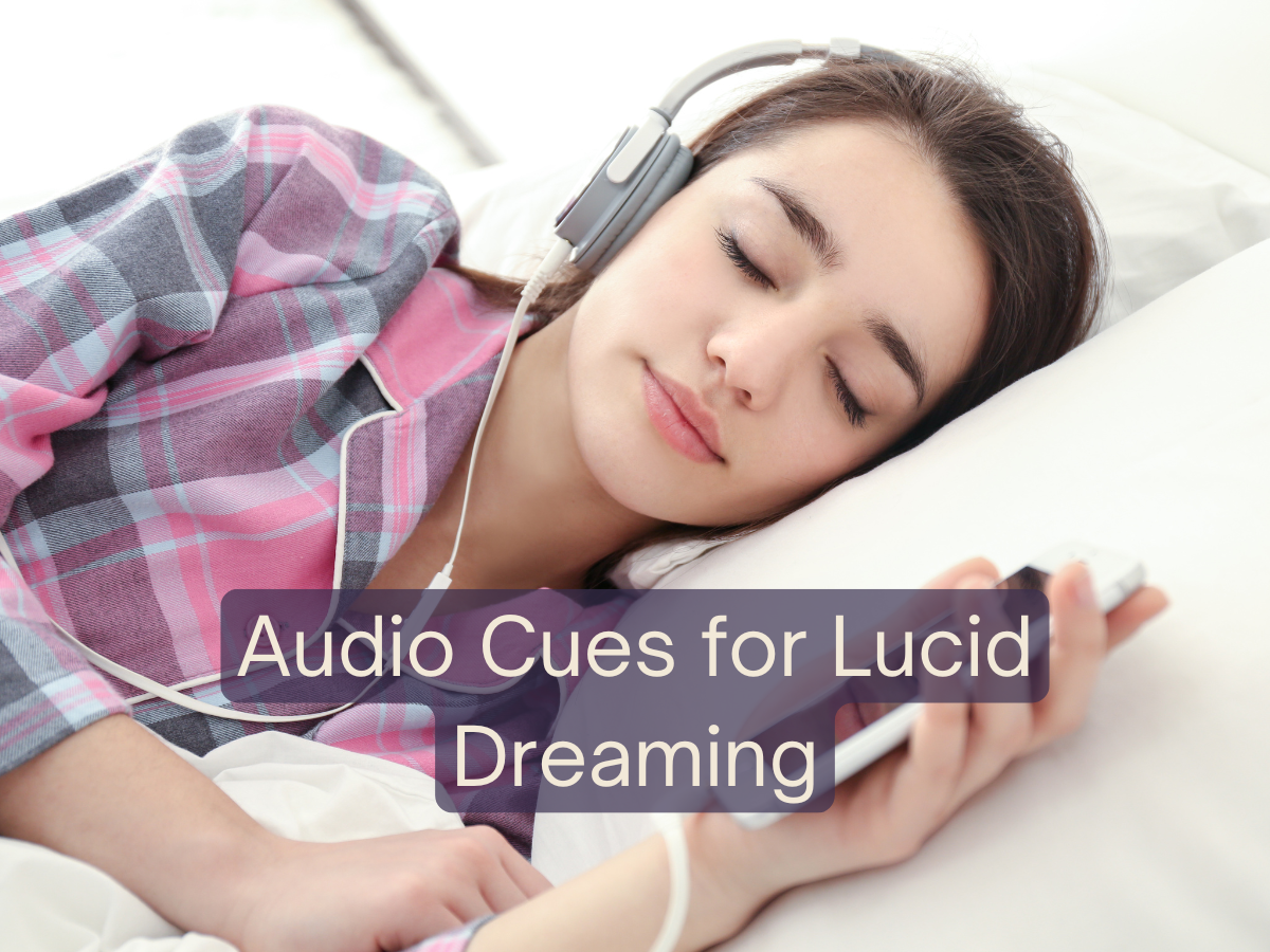Woman lying in bed listening to headphones to make a lucid dream