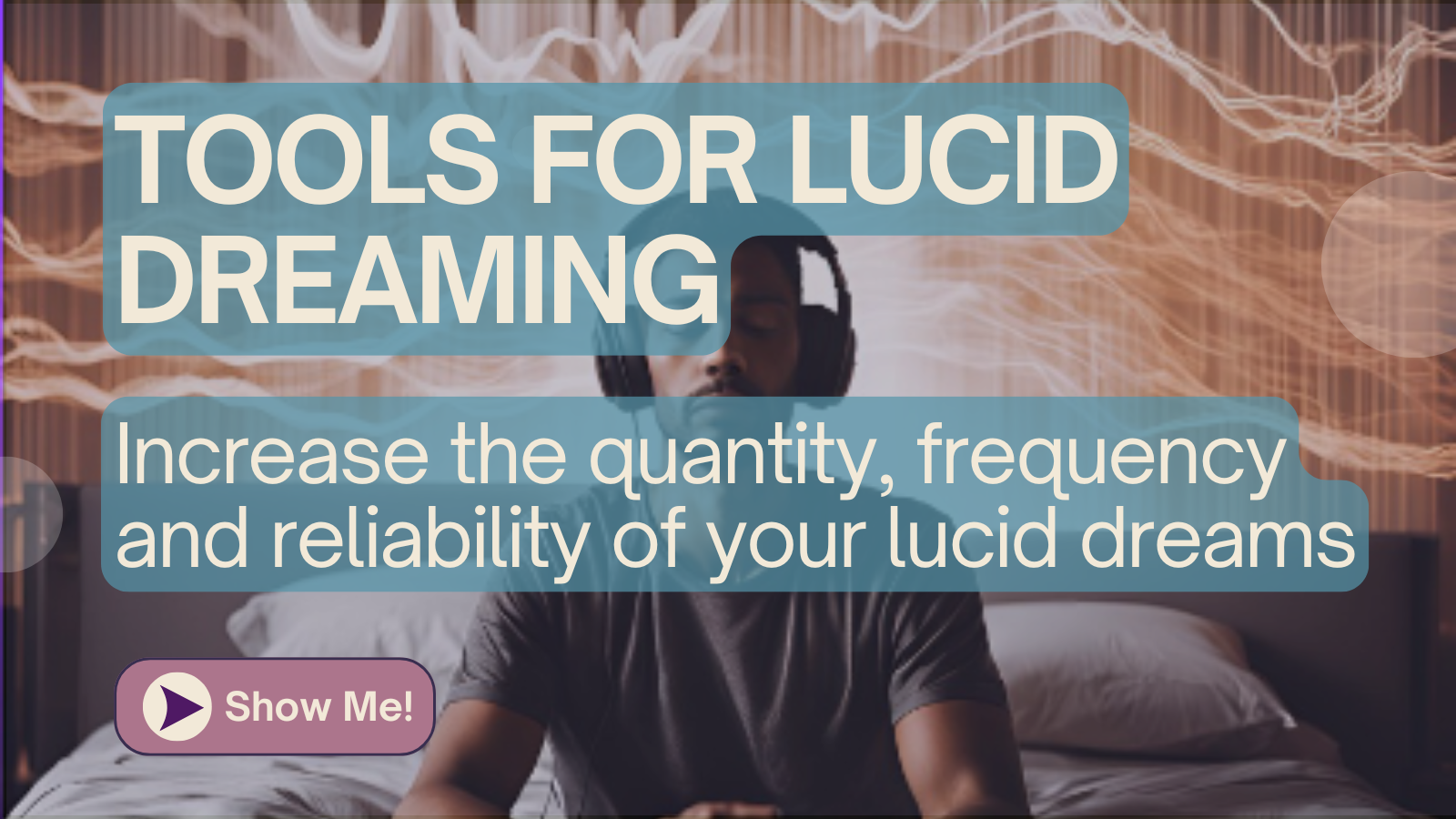 man listening to headphones in meditative position with brainwave frequency pattern overlaid